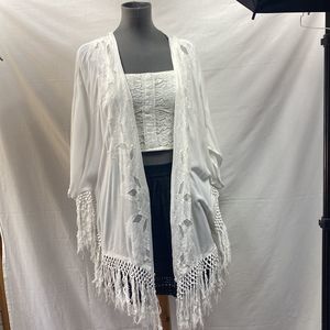 Roxy fringe overthrow wrap shawl poncho shrug lace embroidered XS